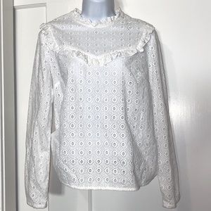 NWOT Sezane designer white eyelet lace circle motif ruffle high collar blouse